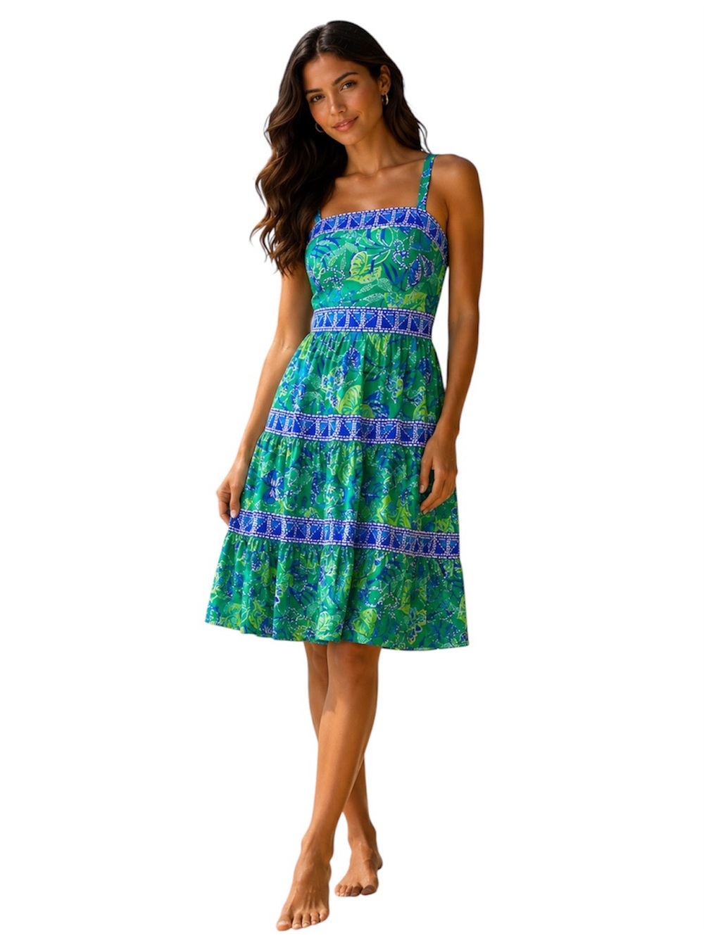 NWOT Lilly Pulitzer Green Floral Midi Dress with Blue 12 size Vacation Cruise
